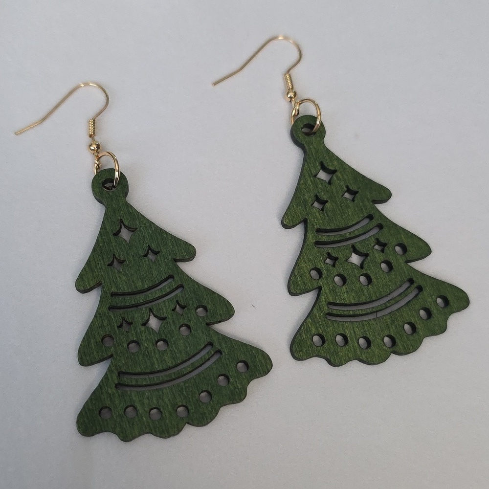 Boho WOOD Cut out Christmas Tree Earrings super Lightweight